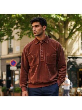 70s Mens Velour Terrycloth Polo Pullover Shirt Sz S Rust Orange Brown VTG Retro